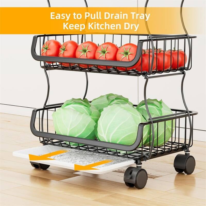 6 Tier Rolling Cart Stackable Fruit Vegetable Basket with Wheels and 2 Hanging Basket - 11.75"D x 15.75"W x 51"H