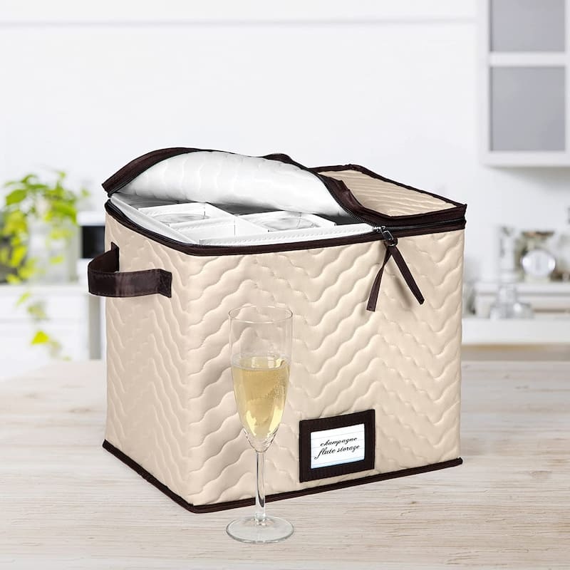 Champagne Flute Storage Box Case - Organizer Chest Holds 12 Stemware Glasses