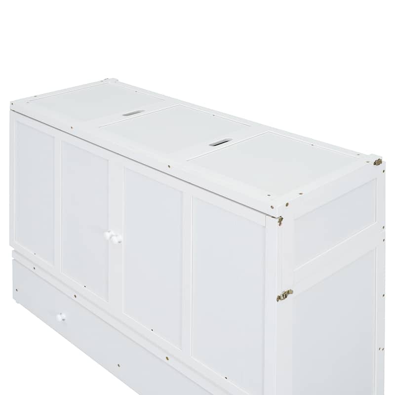 Queen Size Murphy Bed with USB Port, Large Drawer, and Space-Saving Design, White