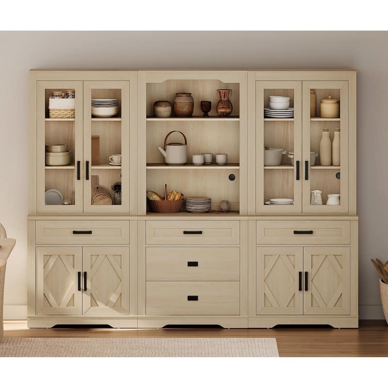 3-Column 73.3" Tall Bookshelf Set with Open Storage and Glass Doors