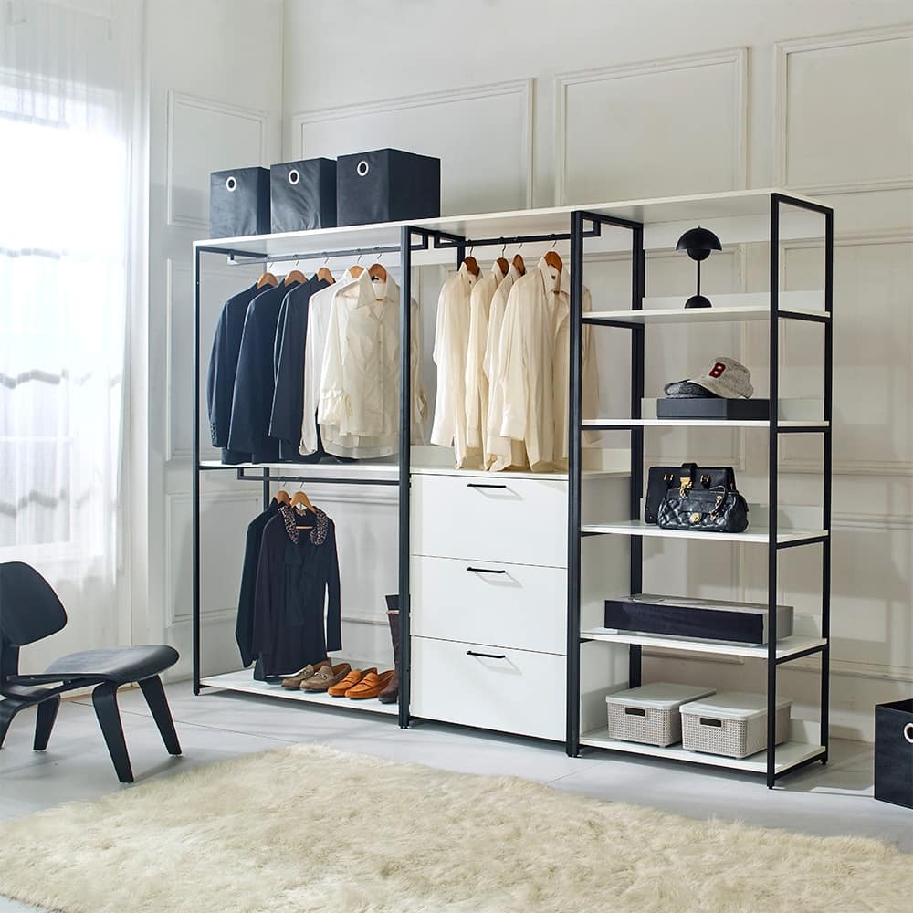 Fiona White Freestanding Walk in Wood Closet System with Metal Frame