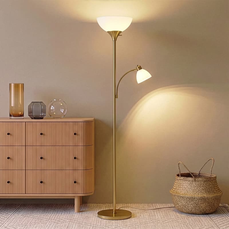 Brightech Sky Dome Plus 72 in. Antique Brass Industrial 2-Light 3-Way Dimming LED Floor Lamp with 2 White Plastic Bowl Shades
