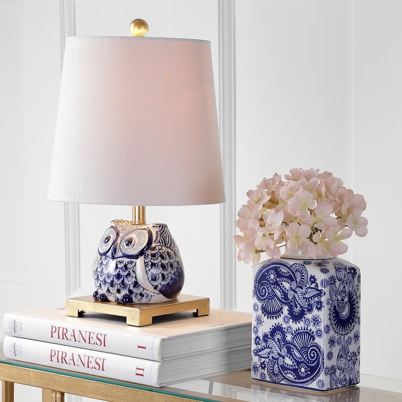Tiki 16" Ceramic Mini LED Table Lamp, Blue/White by JONATHAN Y - 16 - Blue/White