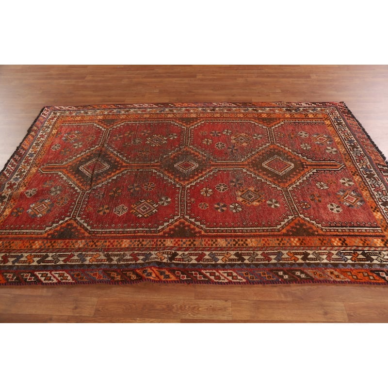 Pre-1900 Antique Qashqai Persian Rug Vegetable Dye Wool Carpet - 5'1"x 7'7"