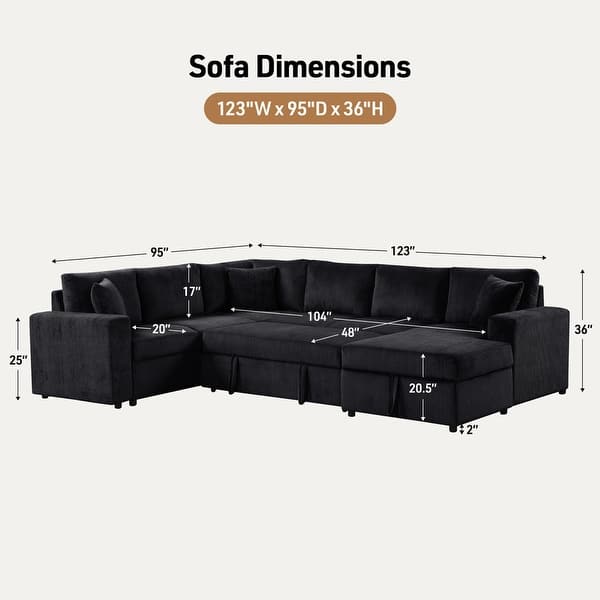 Ruxley 123"W Corduroy Sleeper Sectional Sofa with Right-Facing Storage Chaise and Throw Pillows