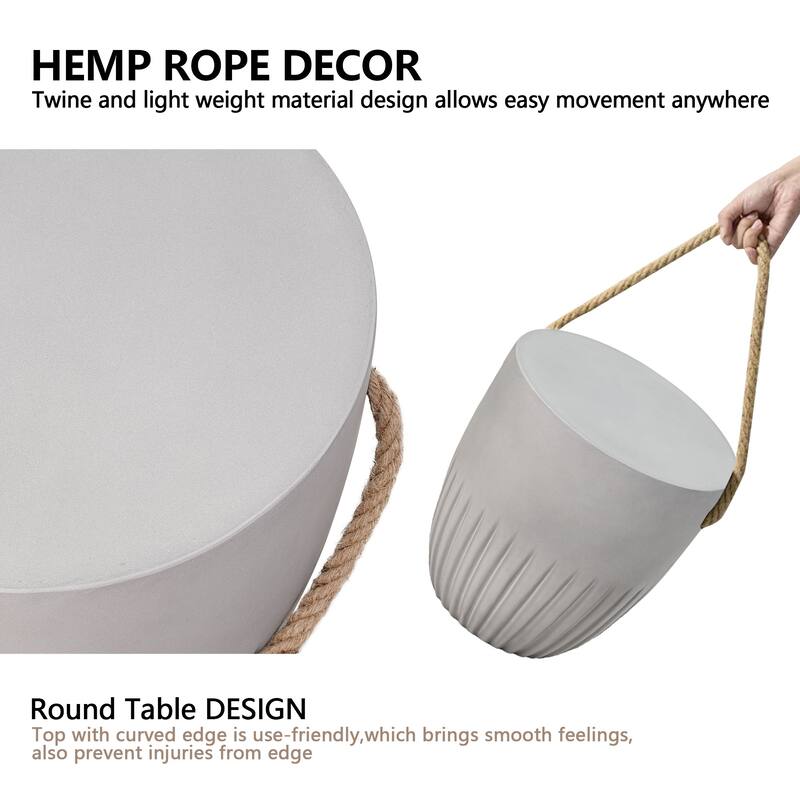 Outdoor Lightweight Concrete Side Table w Hemp Rope Handles