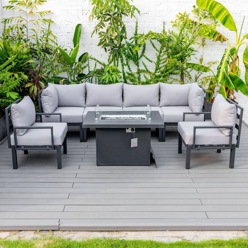 Outdoor 7-Piece Patio Sectional Set Aluminum Frame W/ Fire Pit Table