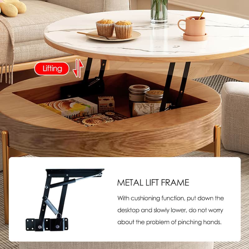 Modern Round Faux Marble Lift-Top Coffee Table Set with Stools and Storage - L 31.5'×W 31.5'×H 19.29'