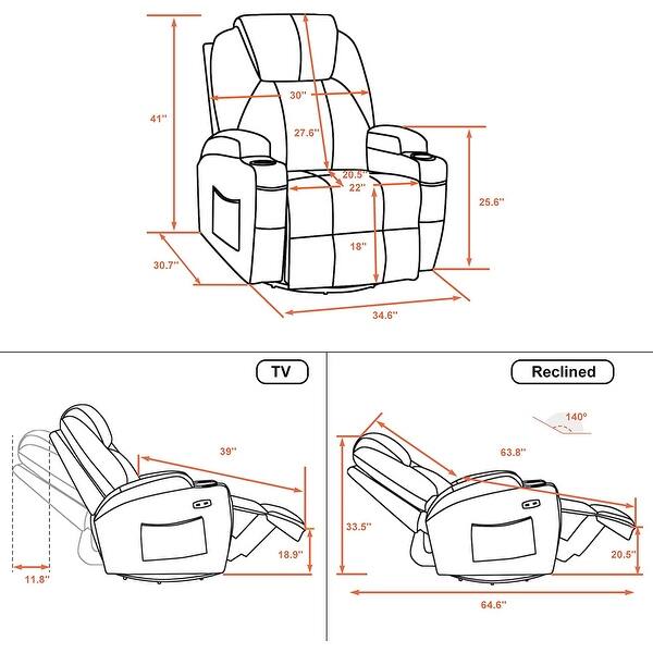 dimension image slide 0 of 4, MCombo Manual Swivel Glider Rocker Recliner Chair with Massage and Heat, Faux Leather 8031