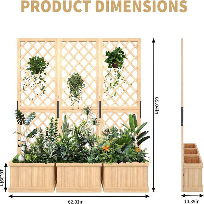 2-Panel Outdoor Privacy Screen with Planter Box and Trellis 41x10x65Inch Freestanding Garden Divider with Drain Holes