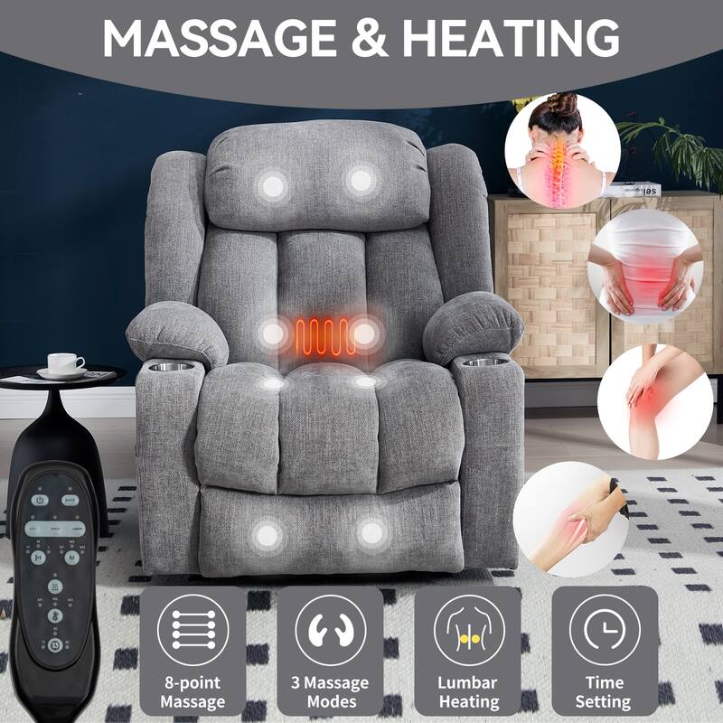 Roomfitters Heavy Duty Power Lift Recliner, Chenille Massage Chair with USB-C Charging and Stainless Cup Holders