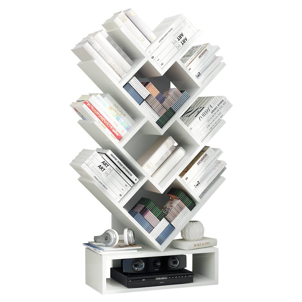 White Tree Bookshelf 5 Shelf Tree Bookcase Small Wood Standing Book Shelf Free Standing Book Tree Rack