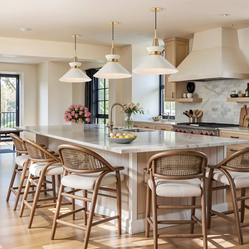 Orbit Bowl Modern Pendant Light - Metal Gold, Ivory White Cone Light Fixture For Modern, Scandinavian, Minimalist Room Decor