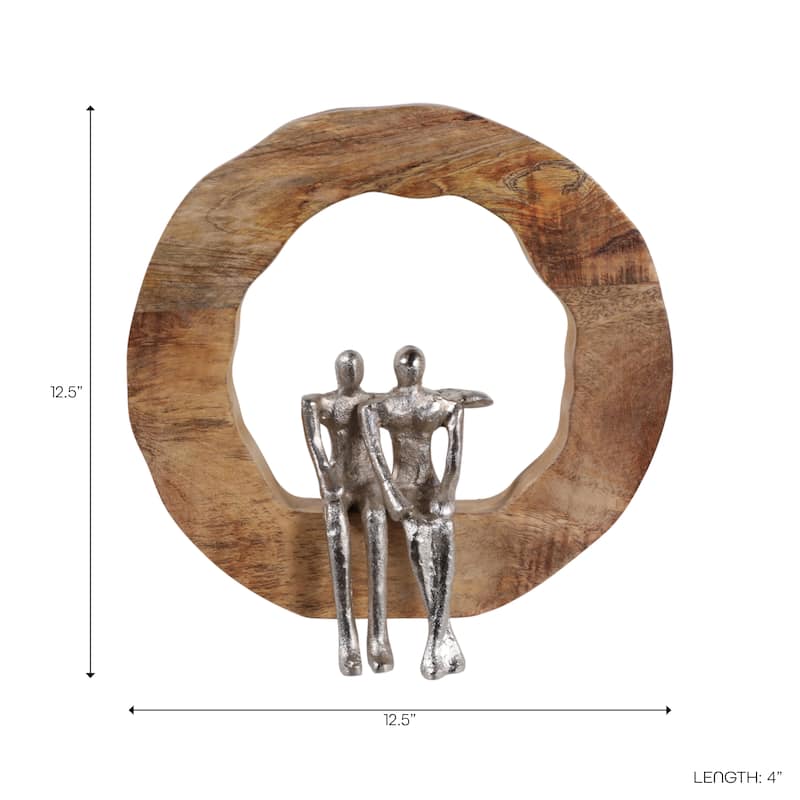 Decorative Figurine on Round Wooden Stand Sculpture - Brown - 12.5"