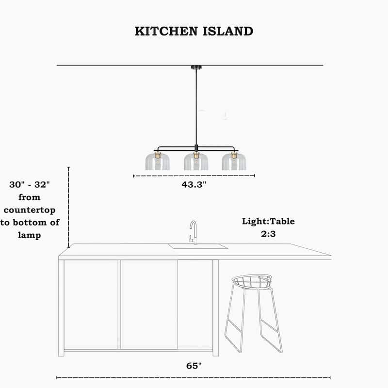 Modern Black 43" Oversized 3-Light Chandelier with Bowl-Shape Shade Kitchen Island for Dining Room - 43.3 " × 10.2 " × 11 "