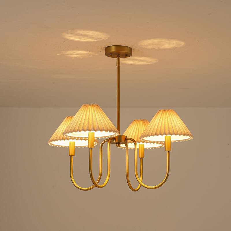 4-Light Mid-Century Modern Chandelier in Brushed Gold/Matte Black Chandelier with Pleated Shades for Living Room