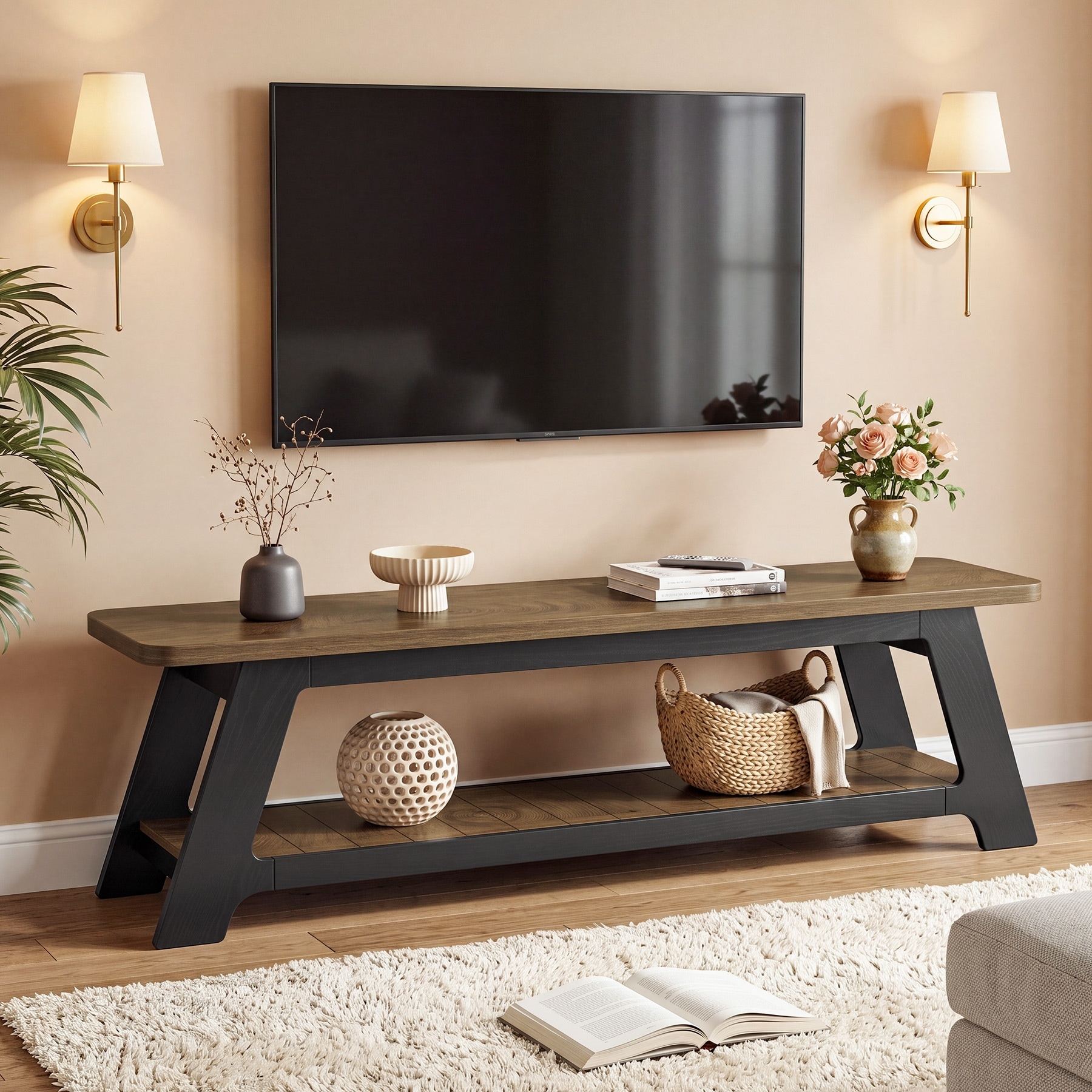 63-Inch TV Stand for 55/60/65/70-Inch TVs, Entertainment Center with Storage Shelf, TV Console for Living Room