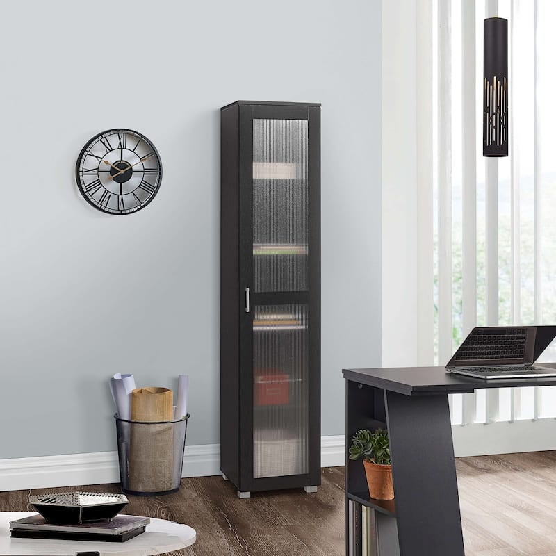 Tall Curio Storage Cabinet with Doors - 5 Storage Shelving & 1 Glass Door, Black