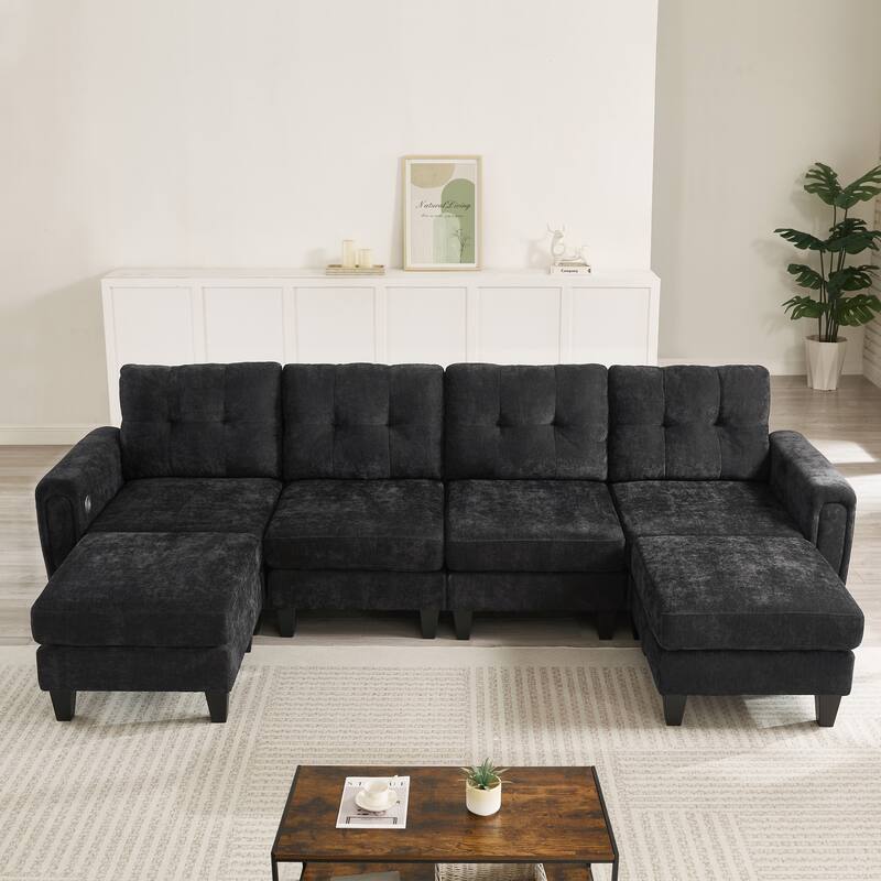 Roomfitters 115 Inch U-Shaped Sectional Sofa with 2 Ottomans and Foldable Side Tables, Chenille