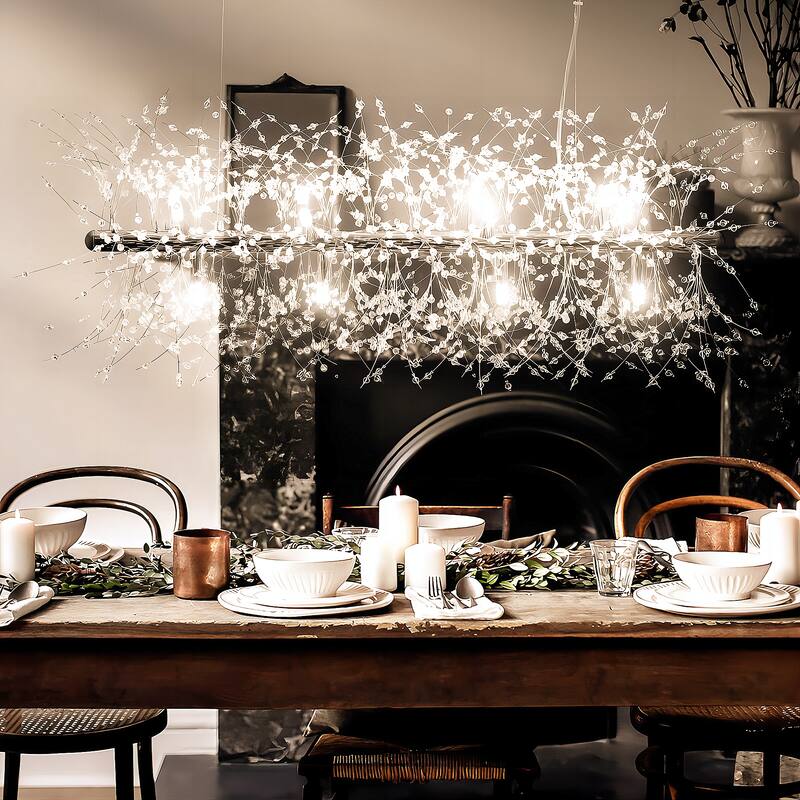 9/12-Light Linear Sputnik Crystal Beaded Pendant Light Firework Starburst Crystal Chandelier for Dining Room