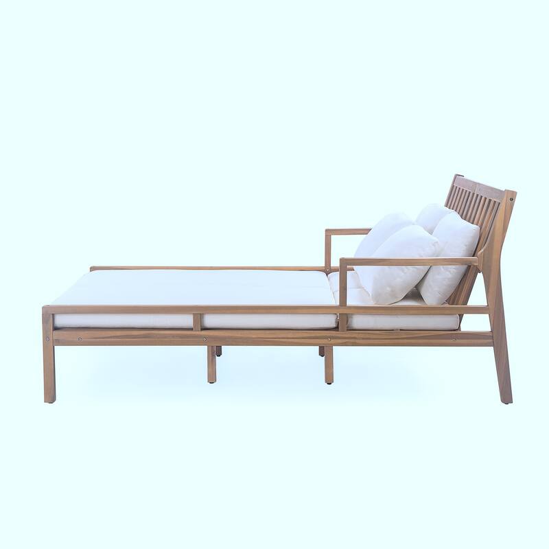 Outdoor Daybed, Patio Daybed with Four Pillows, Wooden Outdoor Bed with Curved Armrests for Poolside, Backyard, Garden