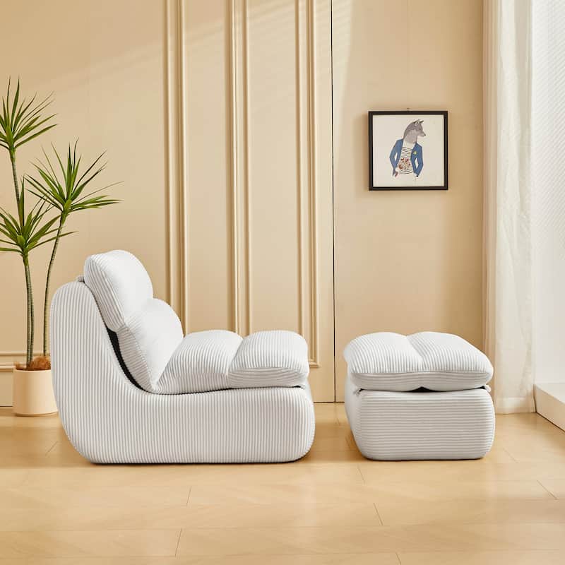 White Corduroy Lounge Chair with Ottoman and High-Density Foam Seat - 31.89" x 39.72" x 29.53"