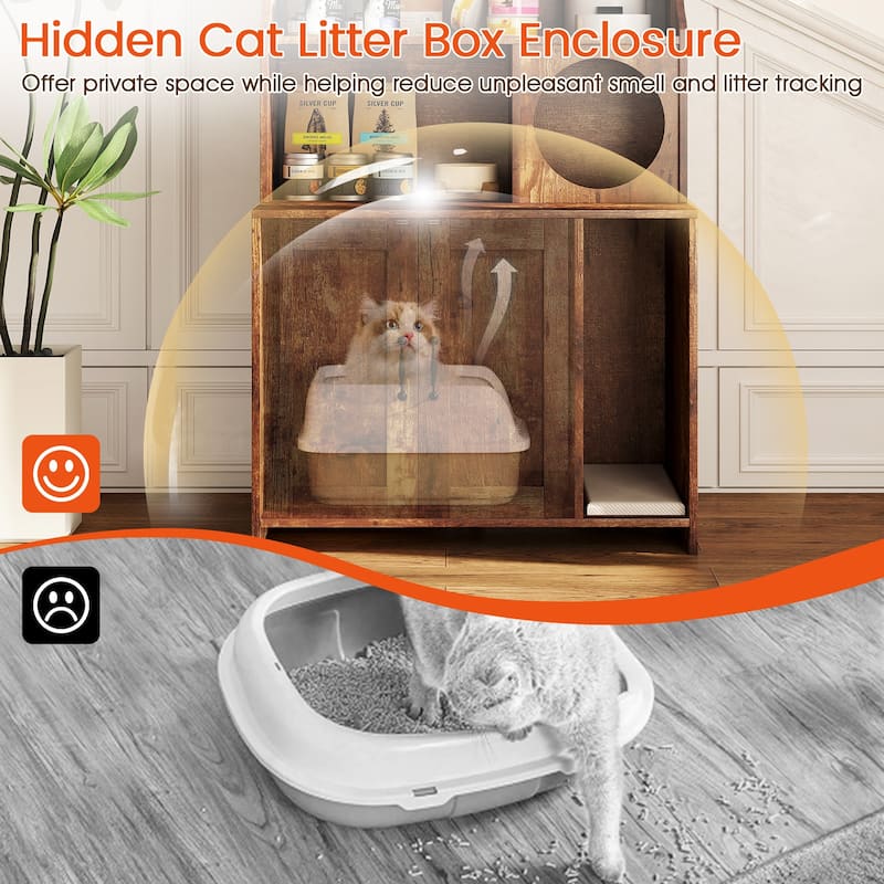 Brown Engineered Wood Cat Litter Box Shelf with Storage and Winding Entry