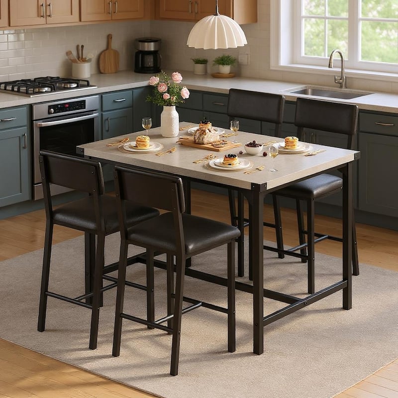 Dining Table Set, Counter Height Table with 4 Upholstered Bar Stools - Grey