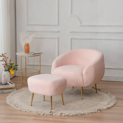 Faux Fur Barrel Accent Chair with Ottoman for Bedroom, Living Room