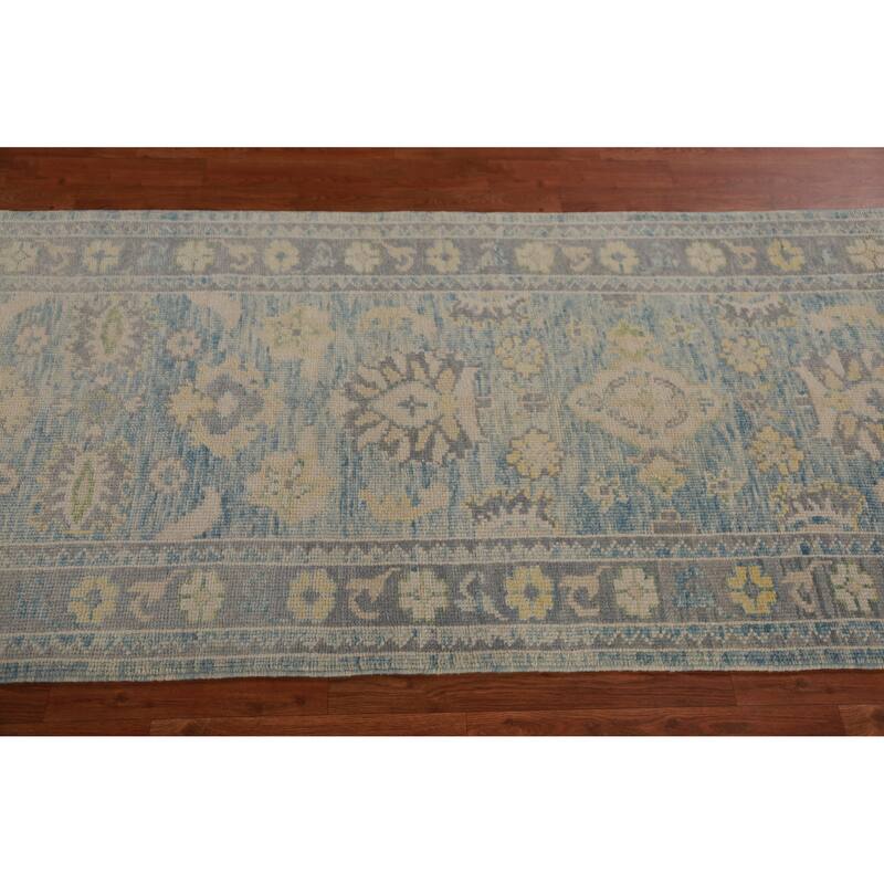 Hand Knotted Oriental 100% Wool Carpet Transitional Floral Navy Blue & Blues Oushak Runner Rug - 20' 2'' X 3' 1''