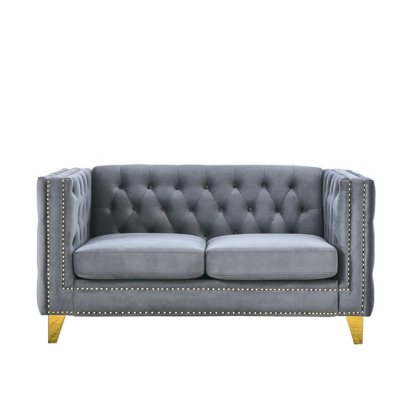 Modern 2-Seat Velvet Sofa with Nailhead Trim, Button Tufting, and Metal Legs
