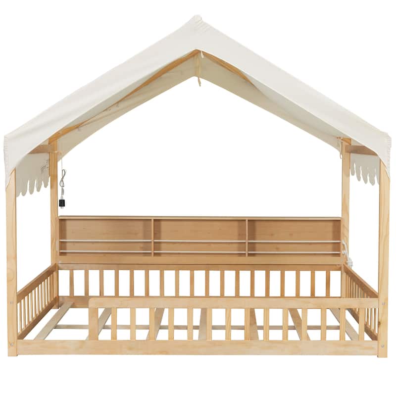 Full Size House-Shaped Daybed with Storage Bookshelves, Canopy Curtain and LED Light, Wooden Floor Bed with Fence