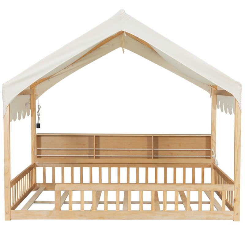 GDFStudio - Solid Wood Full Size House Floor Bed with Storage Shelves and LED