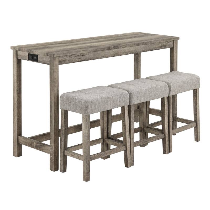 Bar Table Set with 3 Stools and Power Outlet - Brown Table & Grey Stools