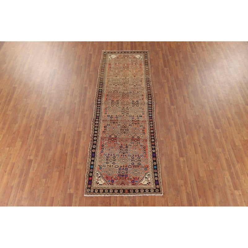 Hamedan Vintage Persian Runner Rug Handmade Orange Wool Carpet - 3'5" x 10'4"