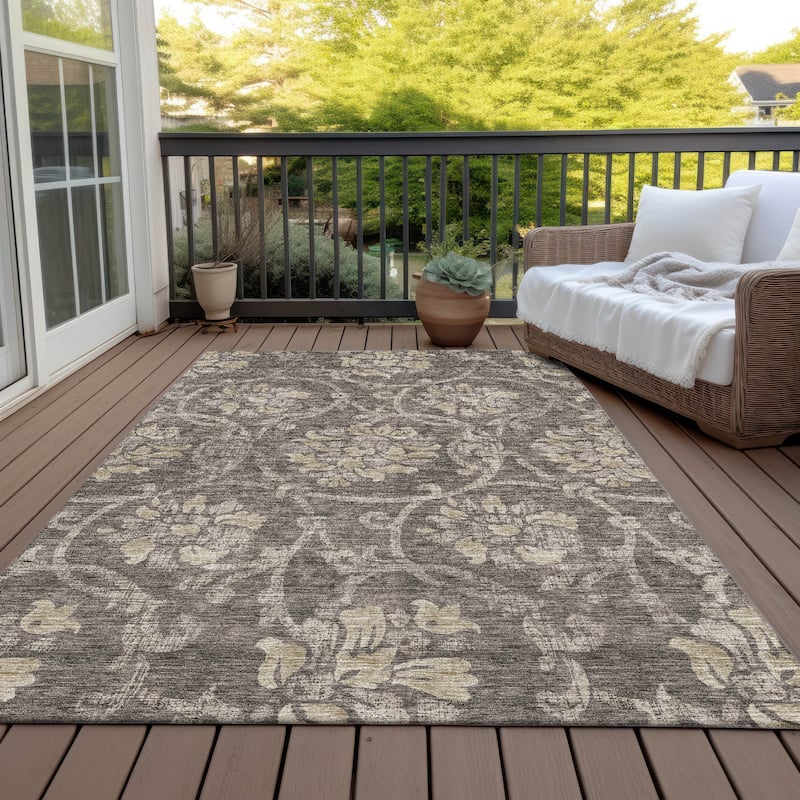 Machine Washable Indoor/ Outdoor Chantille Floral Scroll Rug - Brown - 9' x 12'