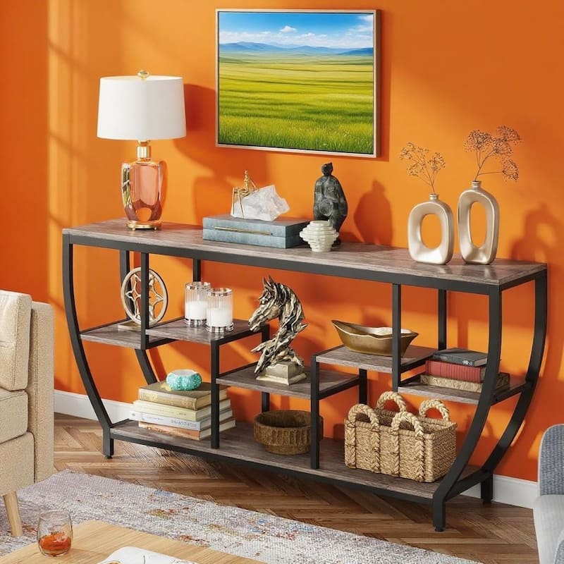 Industrial Console Table with Metal Frame 7 Staggered Shelves Entryway Sofa Hallway Table TV Stand - 70.86" x 11.81" x 35.43"