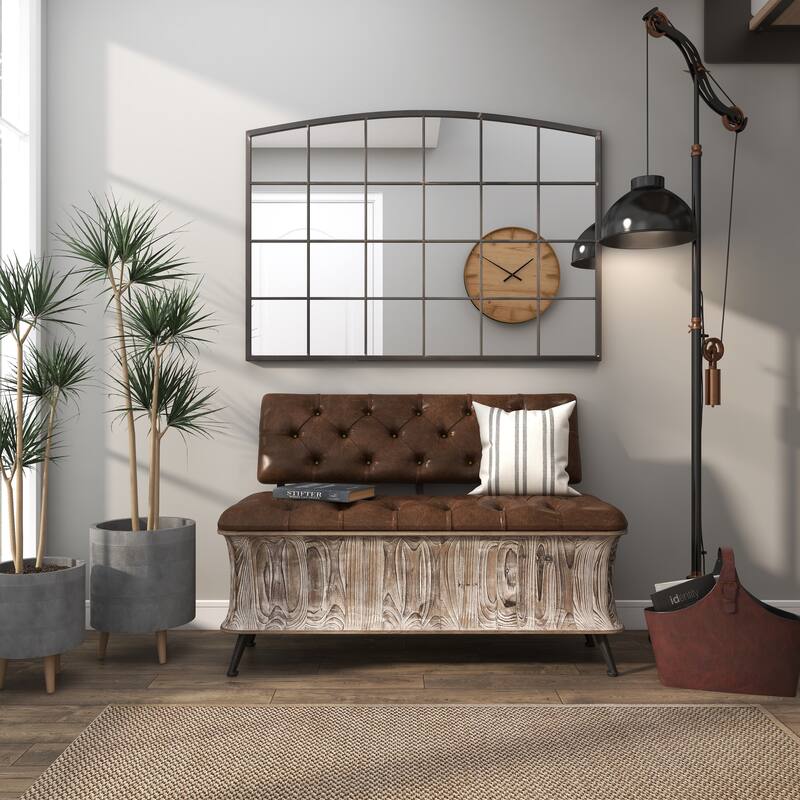 Brown Wood Storage Bench with Tufted Faux Leather Seat and Back