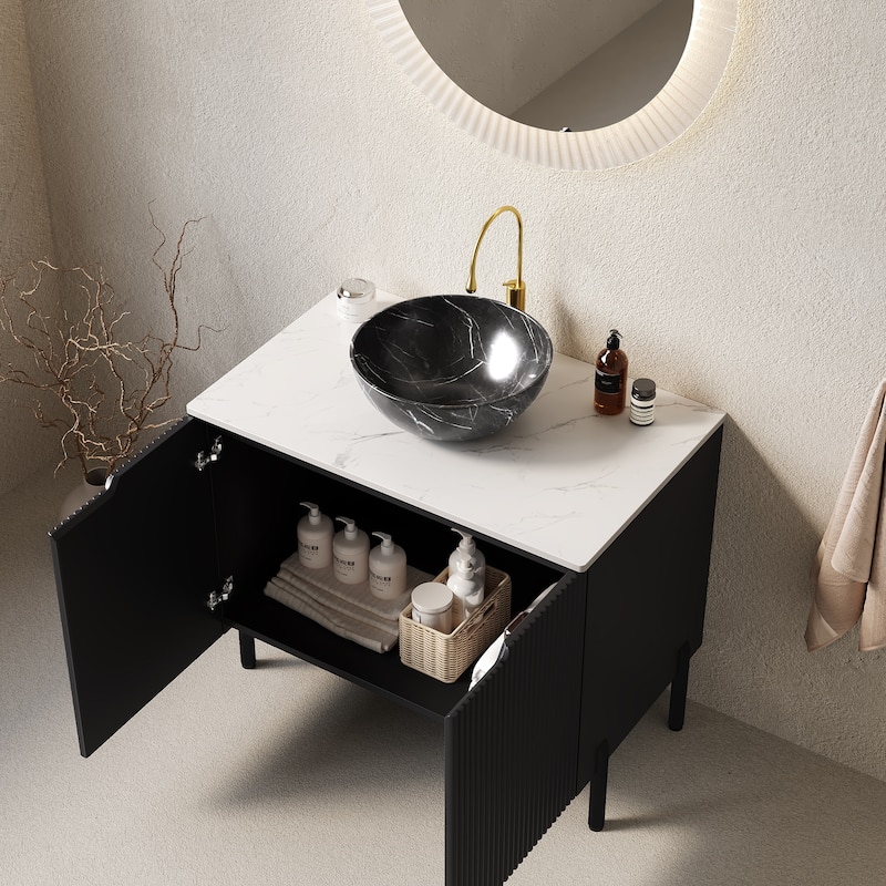 30" Bathroom Vanity Freestanding Storage Cabinet with Black Bowl Stone Pattern Ceramic Basin and White Sintered Stone Countertop