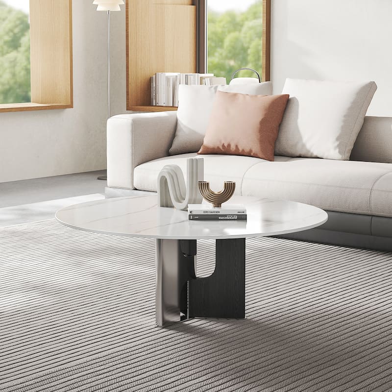 35.43” Modern Round Coffee Table, Glossy Sintered Stone Table top,Solid Wood Legs