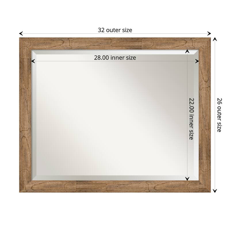 Beveled Wood Bathroom Wall Mirror - Owl Brown Narrow Frame - Outer Size: 32 x 26 in