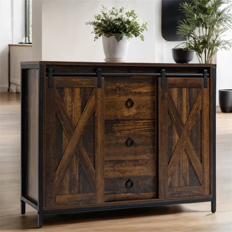 Kitchen Buffet Cabinet with Sliding Barn Doors and Adjustable Shelves
