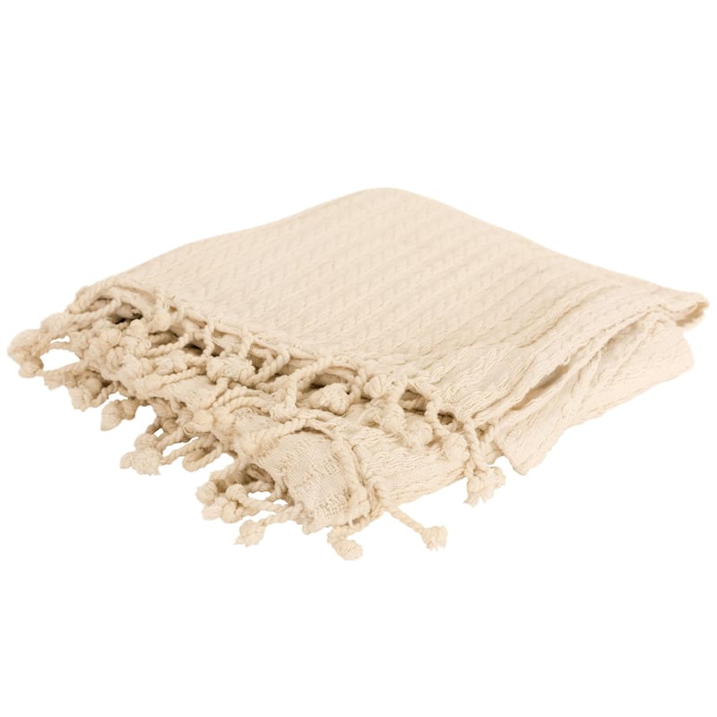 HomeRoots Ivory Knitted 100% Cotton Throw Blanket