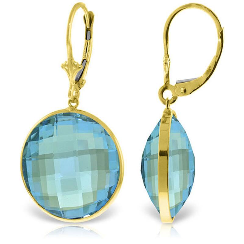 14K Solid Gold Leverback Earrings Natural Round Blue Topaz Gemstone - Yellow