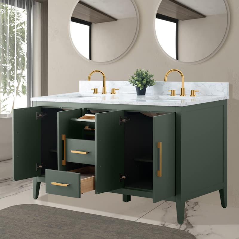 Vanity Art 60" Double Sink Bathroom Vanity Cabinet with Engineered Marble Top