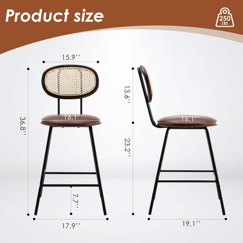 Counter Stools Set of 4, Metal Counter Height Barstools for Home, Faux Leather Counter Stool with Rattan Backrest