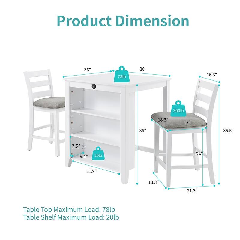 36" Modern Dining Table Set, 2-Seater Charging Station 3-Tier Storage