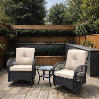3 Pieces Outdoor Wicker Swivel Rocker Set with Glass Top Side Table