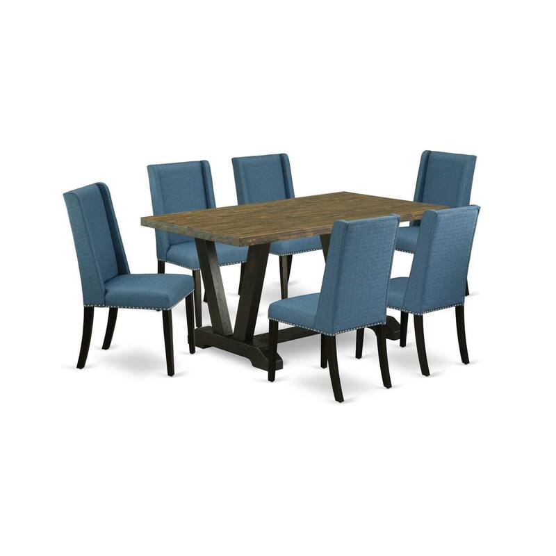 HomeStock 7-Piece Distressed Jacobean Finish Solid Wood Top Dining Table with 6 Parson Chairs