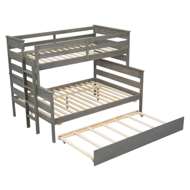 Wood Twin over Full Bunk Bed with Twin Size Trundle and Guard Rails